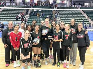 L-R: Coach Michelle Hines, Sarah Cruz, Emilia Kainatsky, Brooke Bower, Rachel Marin, Nerla Paul, Camila Granillo, Ava Resner, Madison Marsh, Evangeleen Ortiz, Casey Juance, Julia Marusich, Darya Vishnevskaya, Coach Jessica Schweitzer, and Coach Alyssa Scanlon.