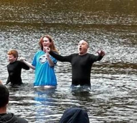 From right: Woodbury Councilman Brandon Calore, his daughter, Hailey Bonnes, and his son, Brandon Calore Jr., at last year’s Polar Plunge.