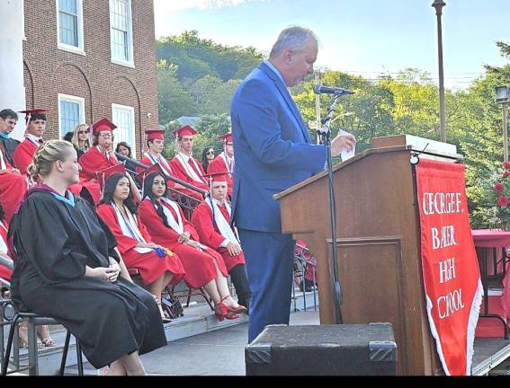 OCDA David Hoovler speaks to the graduating class of George F. Baker High School in Tuxedo.