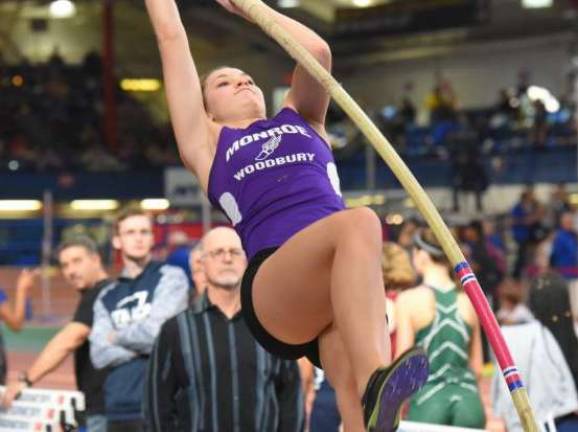 Gabrielle Nibiker placed third in the pole vault at the Molloy Stanner Games in the New York City Armory on Jan. 13 with a jump of 10 feet. Her teammates Kristin Lubeskie finished second with a jump of 10-06 and Julia Pena came in fourth with a jump of 9-06.