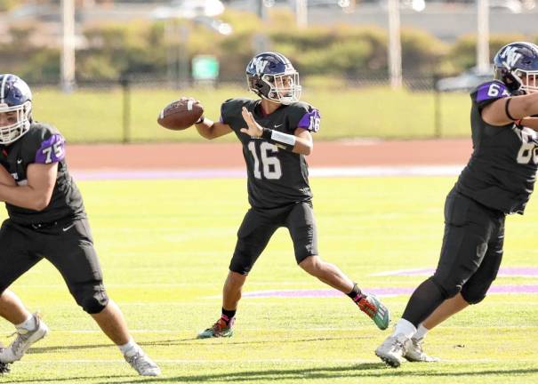 Crusader QB Ethan Maldonado, #16, threw for 243 yards and three touchdowns in the game.