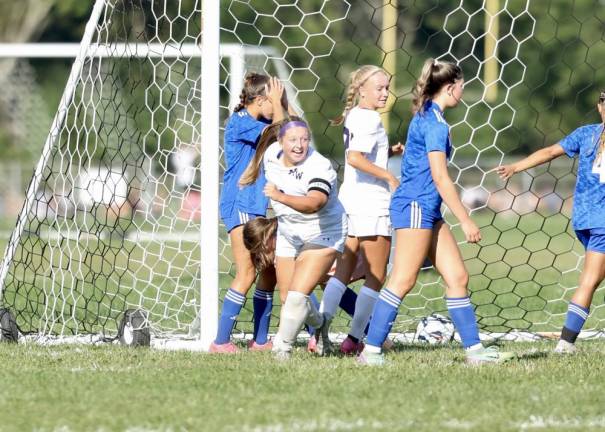 Samantha Key is all smiles after scoring a header to put the Crusaders up 2-1.