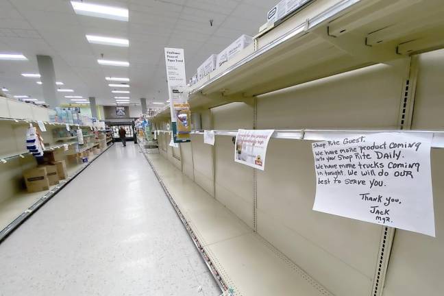 This was the toilet paper aisle on Sunday, March 15, at the ShopRite in Warwick. As of Monday morning there still is no delivery of toilet paper. So many other items, such as frozen vegetables, meat, chicken, etc., are down to the bare minimum.