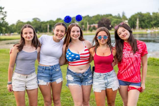 Lily Savage, Anna Cancellieri, Caiitlyn Thau, Kiera Thau, and Haleigh Homer of Monroe before the Monroe Fireworks 2024. Photo by Sammie Finch