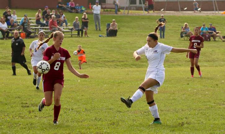Kaelyn Salatto (#1) scores her first goal of the game on this blast in the first half.