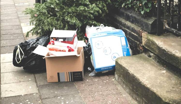 An example of trash and recyclables improperly disposed of along a street.